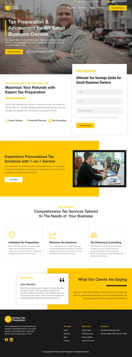 Full mockup of Venture Tax web design.