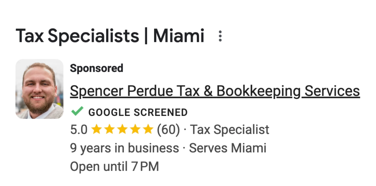 Perdue Taxes Google Local Services ad.